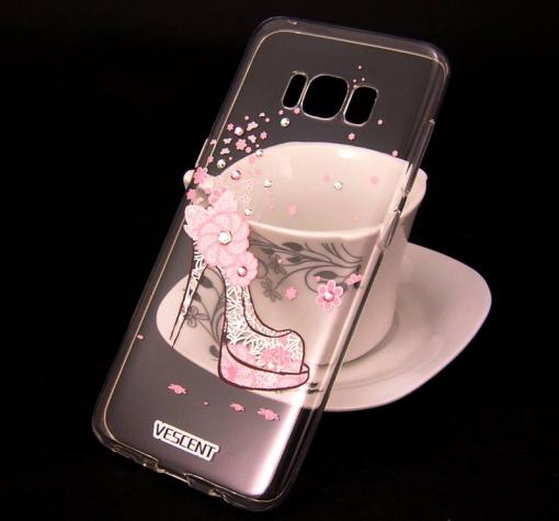 Луксозен силиконов калъф / гръб / TPU VESCENT с камъни за Samsung S8 G950 - прозрачен / розова обувка