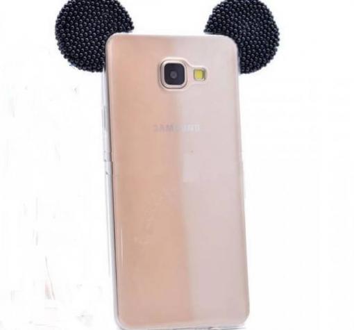 Луксозен ултра тънък силиконов калъф / гръб / TPU Ultra Thin с камъни за Samsung A5 2016 A510 - прозрачен / черни миши ушички