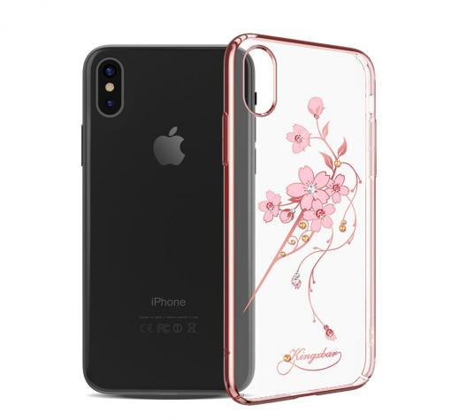 Луксозен твърд гръб KINGXBAR Swarovski Diamond за Apple iPhone X - прозрачен с Rose Gold кант / розово цвете
