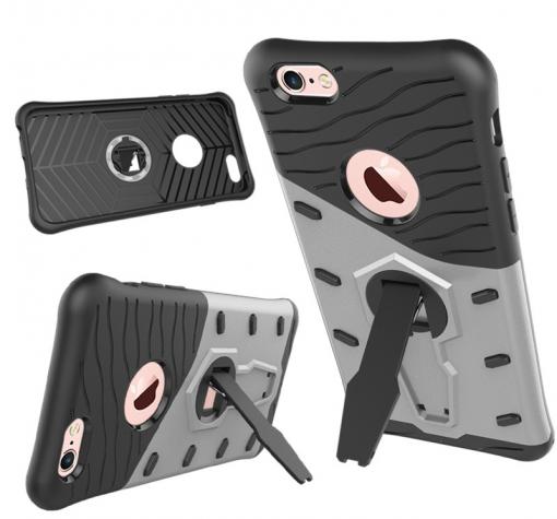 Силиконов гръб TPU Hybrid с твърда част и 360° въртяща стойка за Apple iPhone 7 - черно и сребристо
