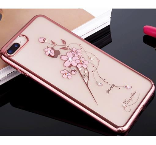 Луксозен твърд гръб KINGXBAR Swarovski Diamond за Apple iPhone 7 Plus / iPhone 8 Plus - прозрачен с Rose Gold кант / розово цвете