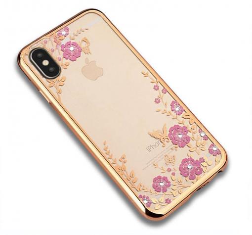 Луксозен силиконов калъф / гръб / TPU с камъни за Apple iPhone X - прозрачен / розови цветя / златист кант