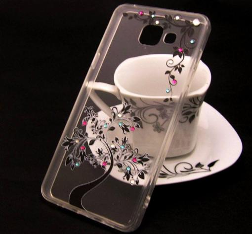 Луксозен силиконов калъф / гръб / TPU с камъни за Samsung A5 2016 A510 - прозрачен / дърво