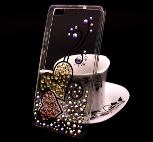 Луксозен силиконов калъф / гръб / TPU с камъни за Huawei Ascend P8 Lite / Huawei P8 Lite - прозрачен / многоцветни камъни / две сърца