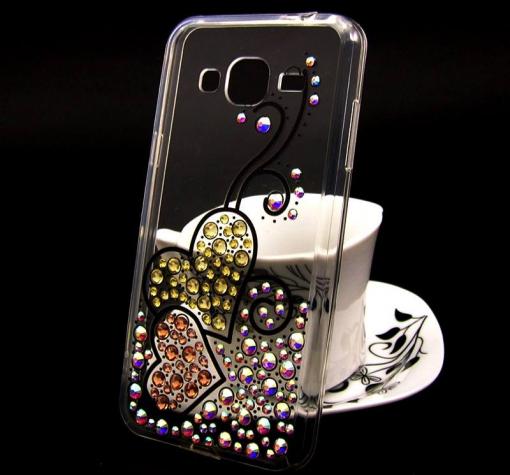 Луксозен силиконов калъф / гръб / TPU с камъни за Samsung J3 / J3 2016 J320 - прозрачен / многоцветни камъни / две сърца