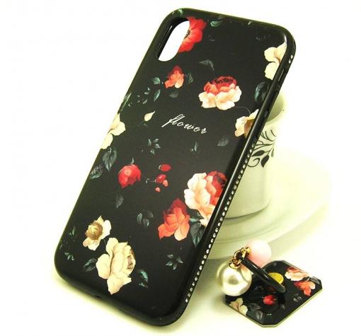 Луксозен твърд гръб със стойка за Apple iPhone X - черен / цветя / Flower
