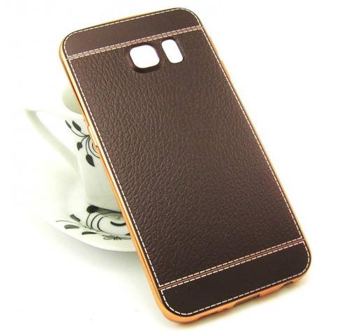 Луксозен силиконов калъф / гръб / TPU за Samsung S7 Edge G935 - тъмно кафяв / имитиращ кожа