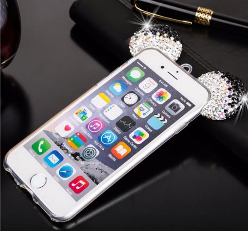 Луксозен ултра тънък силиконов калъф / гръб / TPU Ultra Thin с камъни за Apple iPhone 6 / iPhone 6S - прозрачен / черно с бяло миши ушички