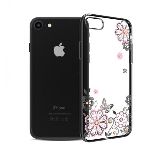 Луксозен твърд гръб KAVARO с камъни Swarovski за Apple iPhone 7 / iPhone 8 - прозрачен / розови цветя и пеперуда / черен кант