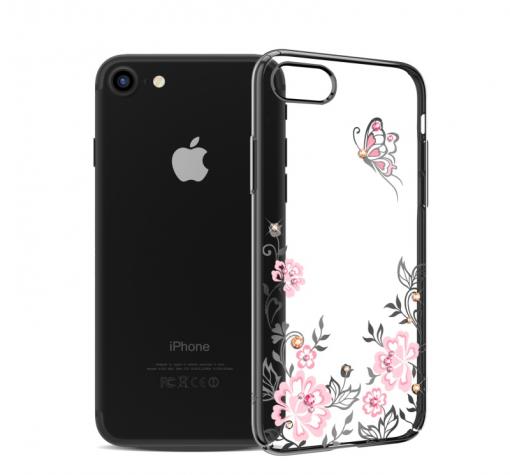 Луксозен твърд гръб KAVARO с камъни Swarovski за Apple iPhone 7 / iPhone 8 - прозрачен / розови цветя и пеперуда / черен кант