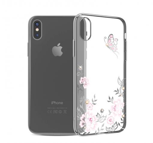 Луксозен твърд гръб KAVARO с камъни Swarovski за Apple iPhone X - прозрачен / розови цветя и пеперуда / сребрист кант
