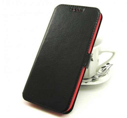 Кожен калъф Flip тефтер със стойка за Samsung J3 / J3 2016 J320 - черен с червено