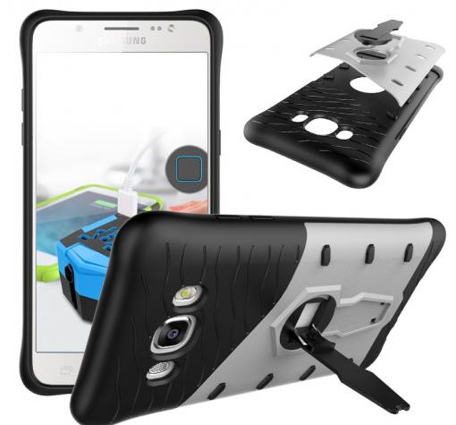 Силиконов гръб TPU Hybrid с твърда част и 360° въртяща стойка за Samsung J5 2016 J510 - черно и сребристо