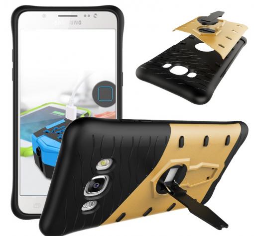Силиконов гръб TPU Hybrid с твърда част и 360° въртяща стойка за Samsung J5 2016 J510 - черно и златисто