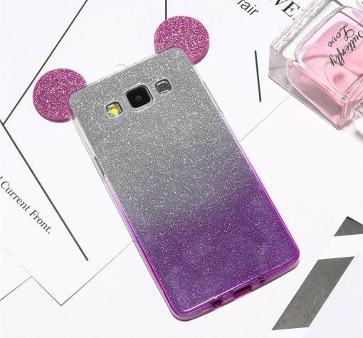 Луксозен силиконов калъф / гръб / TPU 3D за Samsung J5 2016 J510 - преливащ / лилаво и сиво / брокат / миши ушички / 2в1