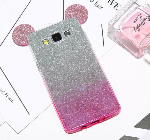 Луксозен силиконов калъф / гръб / TPU 3D за Samsung J5 2016 J510 - преливащ / розово и сиво / брокат / миши ушички / 2в1