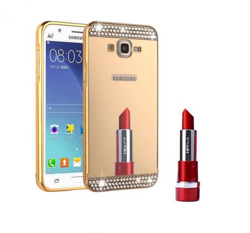 Луксозен алуминиев бъмпер с твърд гръб и камъни за Samsung J7 2016 J710 - златист / огледален