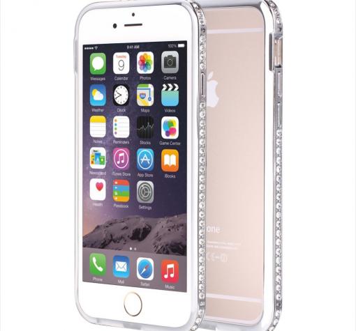 Луксозен метален бъмпер / Bumper / SHENGO с камъни за Apple iPhone 6 / iPhone 6S - сребрист