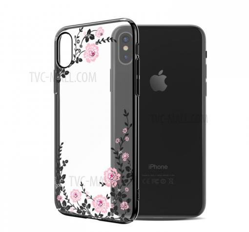 Луксозен твърд гръб KAVARO с камъни Swarovski за Apple iPhone X - прозрачен / розови цветя / черен кант
