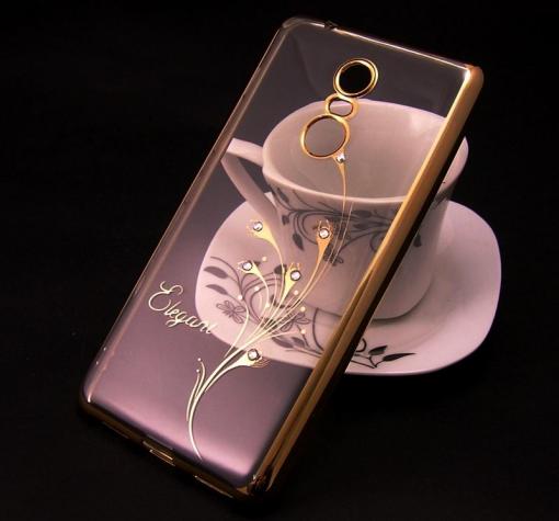 Луксозен силиконов калъф / гръб / TPU / Elegant с камъни за Xiaomi RedMi Note 4 / RedMi Note 4X - прозрачен със златист кант / перо