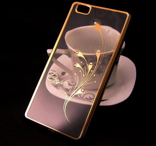 Луксозен силиконов калъф / гръб / TPU / Elegant с камъни за Huawei P8 Lite - прочзрачен със златист кант / перо