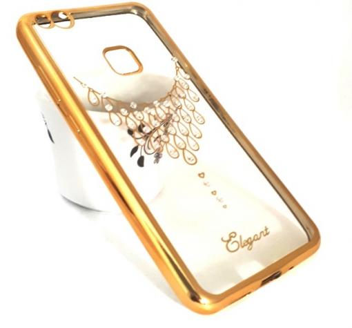 Луксозен силиконов калъф / гръб / TPU / Elegant с камъни за Huawei P10 Lite - прозрачен със златист кант / колие