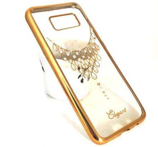 Луксозен силиконов калъф / гръб / TPU / Elegant с камъни за Samsung S8 G950 - прозрачен със златист кант / колие