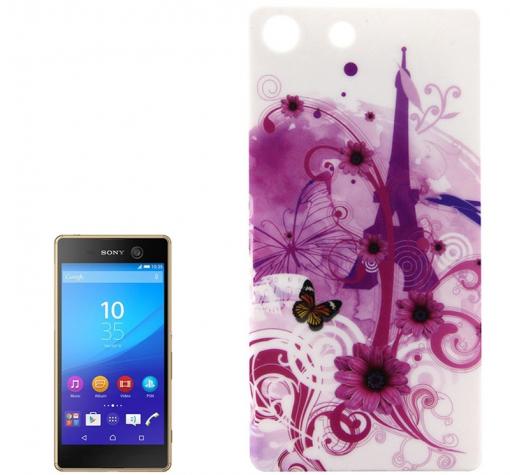 Твърд гръб за Sony Xperia M5 - бял / Айфелова кула / лилави цветя