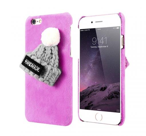 Луксозен твърд гръб с плюш за Apple iPhone 7 / iPhone 8 - лилав / сива плетена шапчица