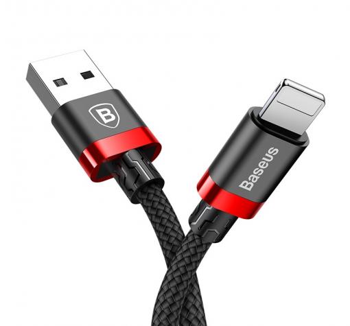 Оригинален USB кабел BASEUS Golden Belt 2A за зареждане и пренос на данни 2в1 1m за Apple iPhone 7 / iPhone 8 / iPhone X - черен с червено