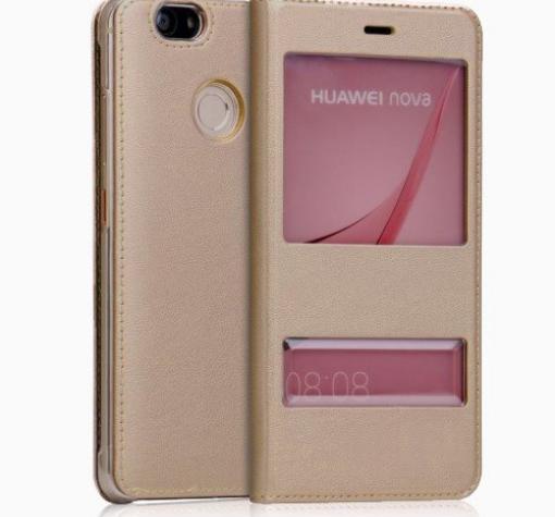 Кожен калъф Flip тефтер S-view за Huawei Nova - златист