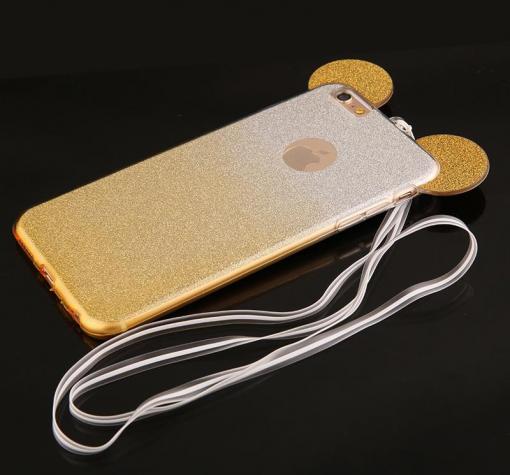 Луксозен силиконов калъф / гръб / TPU 3D за Apple iPhone 6 / iPhone 6S - оранжев / прозрачен / сив брокат / миши ушички / 2в1