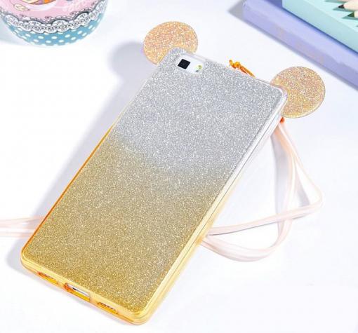 Луксозен силиконов калъф / гръб / TPU 3D за Huawei P8 Lite - оранжев / прозрачен / сив брокат / миши ушички / 2в1