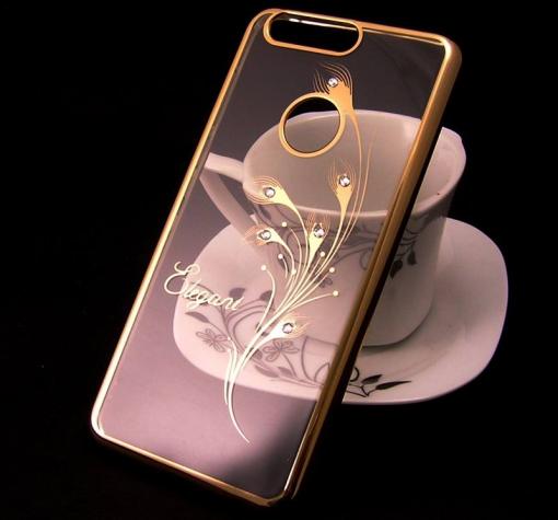 Луксозен силиконов калъф / гръб / TPU / Elegant с камъни за Huawei P9 Lite Mini / Y6 Pro 2017 - прозрачен със златист кант / перо