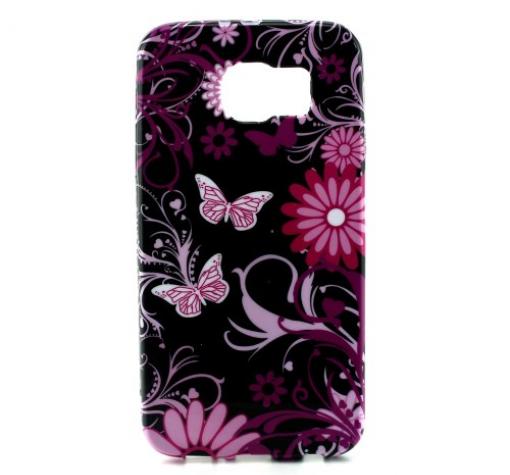 Силиконов калъф / гръб / TPU за Samsung S6 G920 - черен / розови цветя и пеперуди
