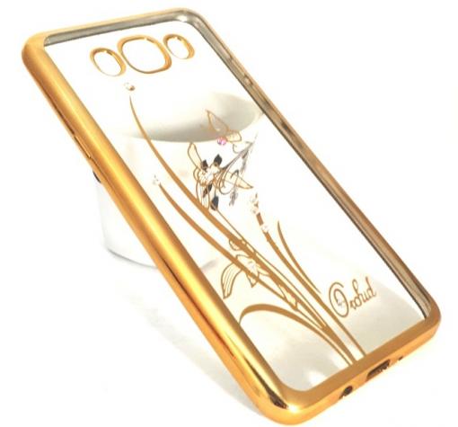 Луксозен силиконов калъф / гръб / TPU / Elegant с камъни за Samsung J7 2016 J710 - прозрачен със златист кант / цвете / пеперуда