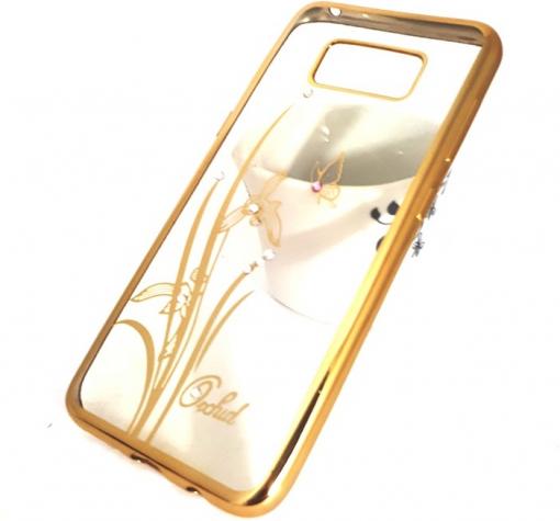 Луксозен силиконов калъф / гръб / TPU / Elegant с камъни за Samsung S8 G950 - прозрачен със златист кант / цвете / пеперуда
