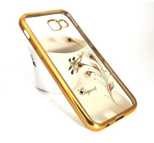 Луксозен силиконов калъф / гръб / TPU / Elegant с камъни за Samsung A5 2017 A520 - прозрачен със златист кант / перо