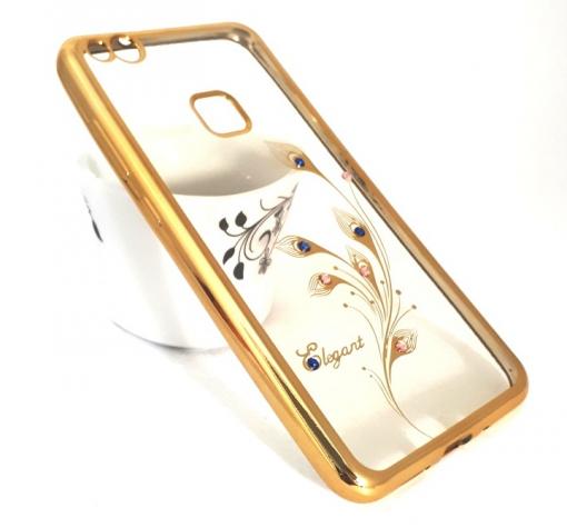 Луксозен силиконов калъф / гръб / TPU / Elegant с камъни за Huawei P10 Lite - прозрачен със златист кант / перо