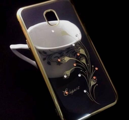 Луксозен силиконов калъф / гръб / TPU / Elegant с камъни за Nokia 3 2017 - прозрачен със златист кант / перо