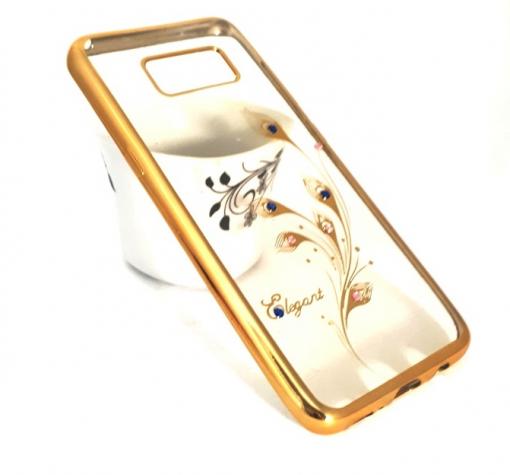 Луксозен силиконов калъф / гръб / TPU / Elegant с камъни за Samsung S8 G950 - прозрачен със златист кант / перо