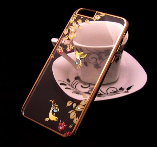 Луксозен твърд гръб с камъни ICON FLANG за Apple iPhone 6 / Apple iPhone 6S - прозрачен / жълти птички