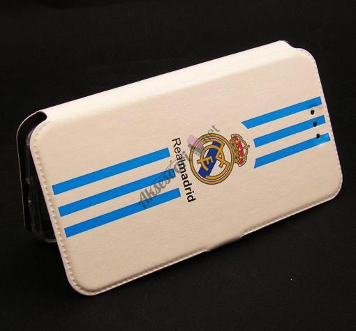 Кожен калъф Flip тефтер Flexi със стойка за Huawei Ascend P8 Lite / Huawei P8 Lite - Real Madrid / Adidas / бял със сини кантове