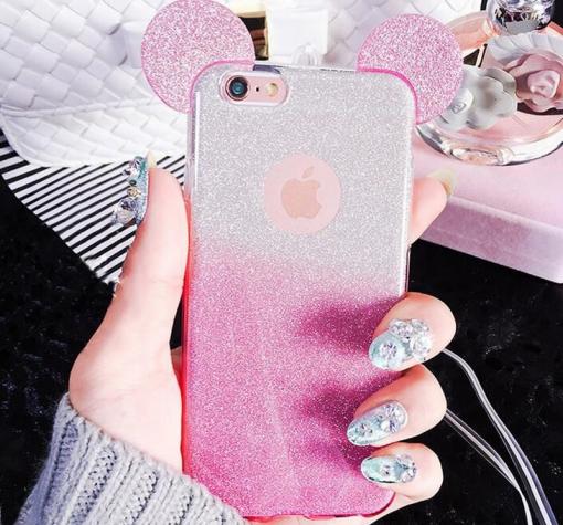 Луксозен силиконов калъф / гръб / TPU 3D за Apple iPhone 6 / iPhone 6S - розов / прозрачен / сив брокат / миши ушички / 2в1