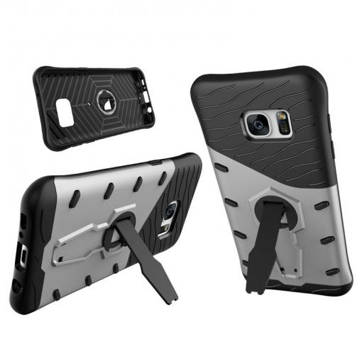 Силиконов гръб TPU Hybrid с твърда част и 360° въртяща стойка за Samsung S7 Edge G935 - черно и сребристо
