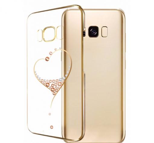 Луксозен гръб KINGXBAR Swarovski Diamond за Samsung S8 G950 - прозрачен със златист кант / сърце