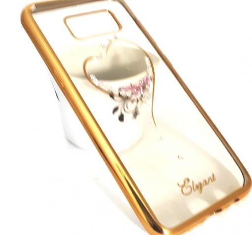 Луксозен силиконов калъф / гръб / TPU / Elegant с камъни за Samsung S8 G950 - прозрачен със златист кант / сърце