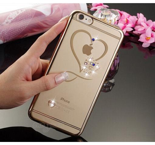 Луксозен силиконов калъф / гръб / TPU с камъни за Apple iPhone 6 / iPhone 6S - прозрачен / златен кант / сърце