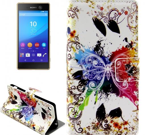 Кожен калъф Flip тефтер Flexi със стойка за Sony Xperia M5 - бял / цветна пеперуда