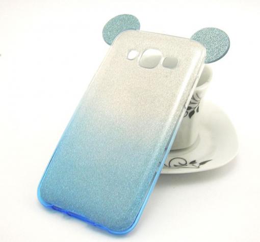 Луксозен силиконов калъф / гръб / TPU 3D за Samsung J5 J500 - син / прозрачен / сив брокат / миши ушички / 2в1